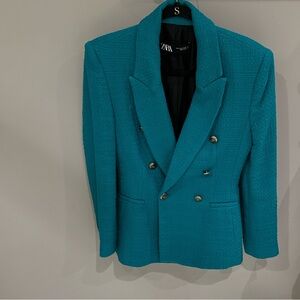 Zara textured tweed tailored doubled breasted blazer/jacket blue turquoise